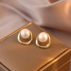 Geometric Pearl Hollow Stud Earrings